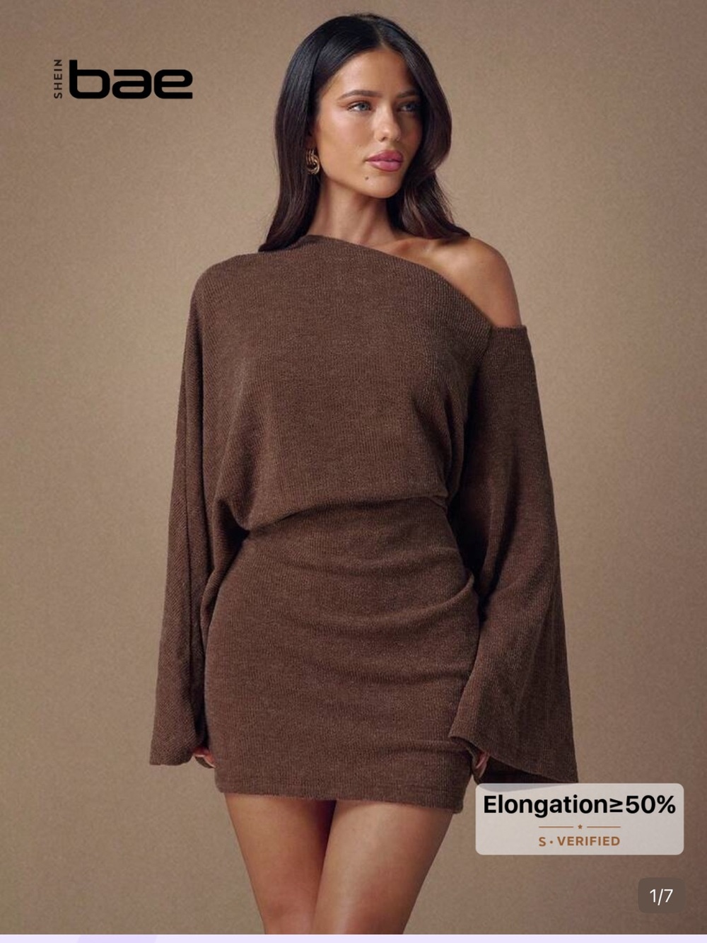 Off-Shoulder Knit Bodycon Dress in Brown